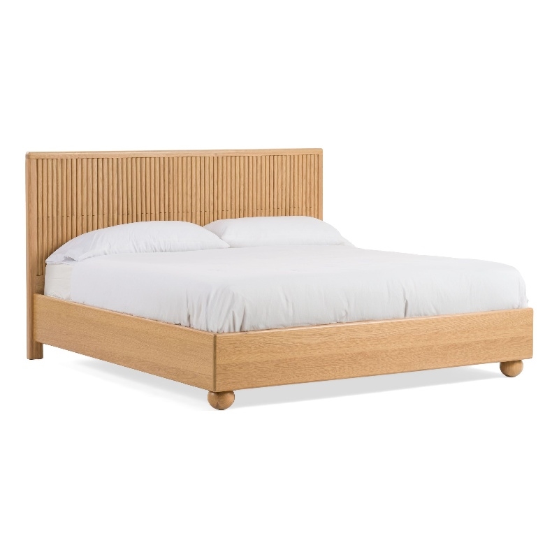 Benjara Cid Joya Queen Bed-Panel Headboard-Rounded Natural Brown Solid Oak Wood