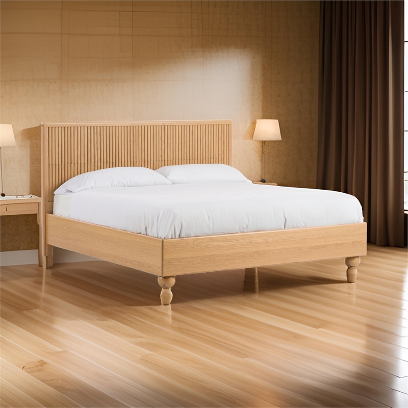 Benjara Cid Joya King Bed- Panel Headboard- Rounded Natural Brown Solid Oak Wood