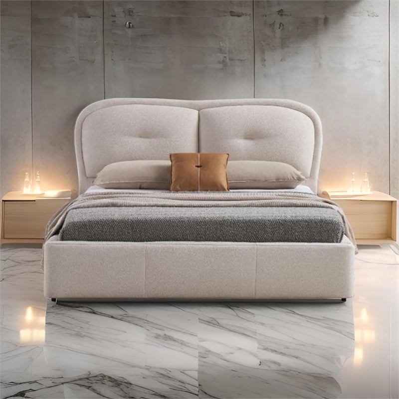 Benjara Layla Queen Size Bed- Ivory Fabric Upholstery- Padded & Tufted Headboard