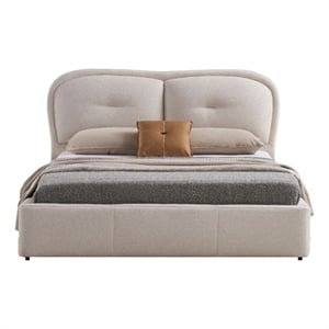 Benjara Layla Queen Size Bed- Ivory Fabric Upholstery- Padded & Tufted Headboard