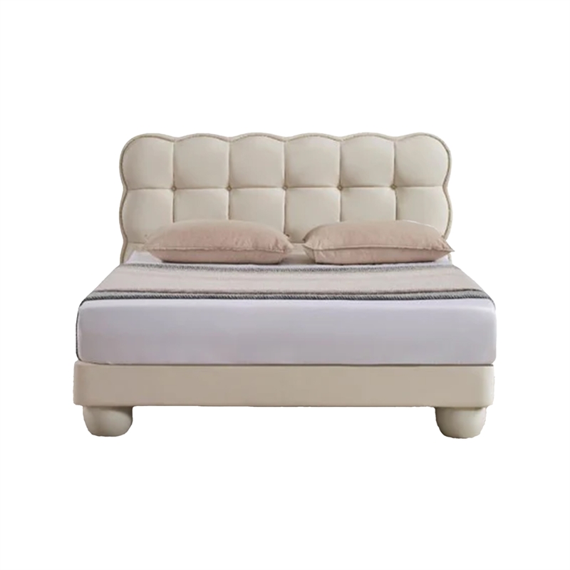 Benjara Alma Twin Bed- Off White Faux Leather Upholstery- Plush Tufted Headboard