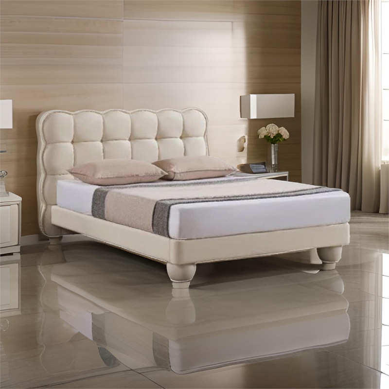Benjara Alma Twin Bed- Off White Faux Leather Upholstery- Plush Tufted Headboard