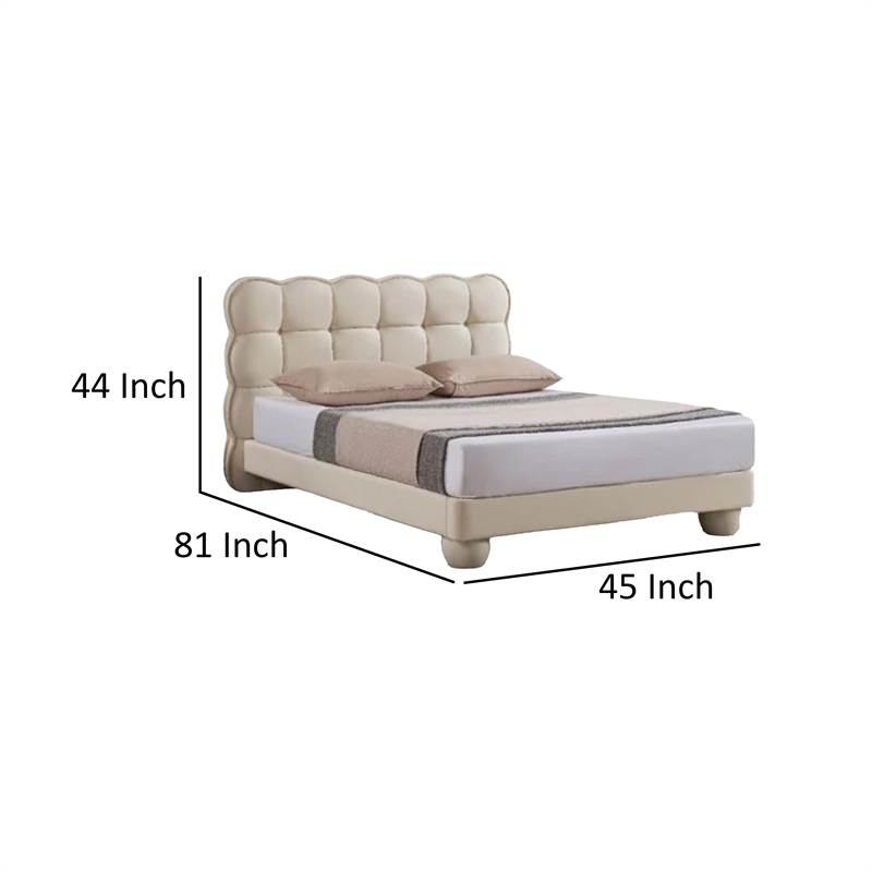 Benjara Alma Twin Bed- Off White Faux Leather Upholstery- Plush Tufted Headboard