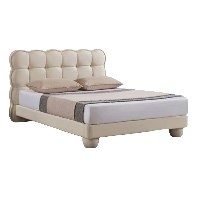Benjara Alma Twin Bed- Off White Faux Leather Upholstery- Plush Tufted Headboard