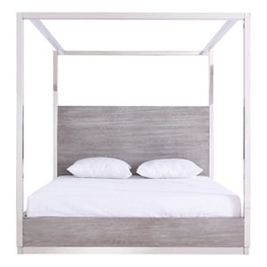 Benjara Cid Anvi Platform King Bed- Stainless Steel Canopy- Gray Elm Veneer