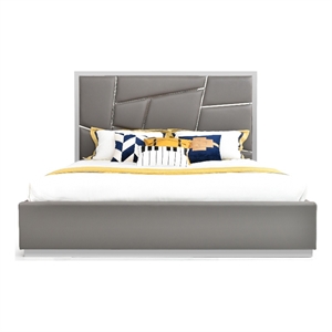 Benjara Cid Ape King Bed- Accent Headboard- Gray Bonded Leather Upholstery