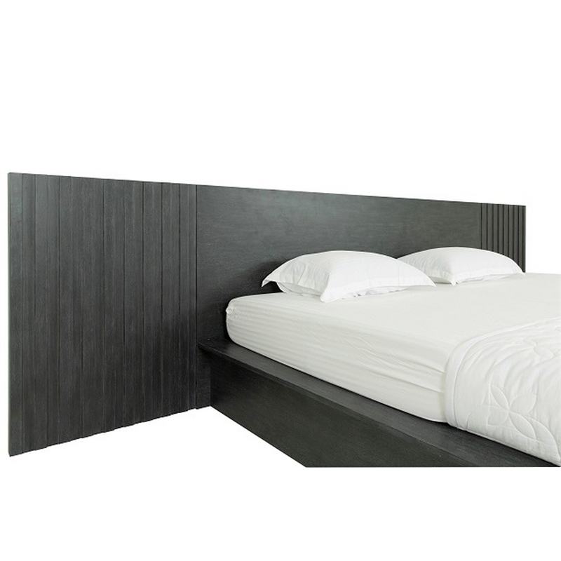 Benjara Cid Lime Queen Platform Bed- 2 Drawers- Wall Headboard- Dark Gray Finish