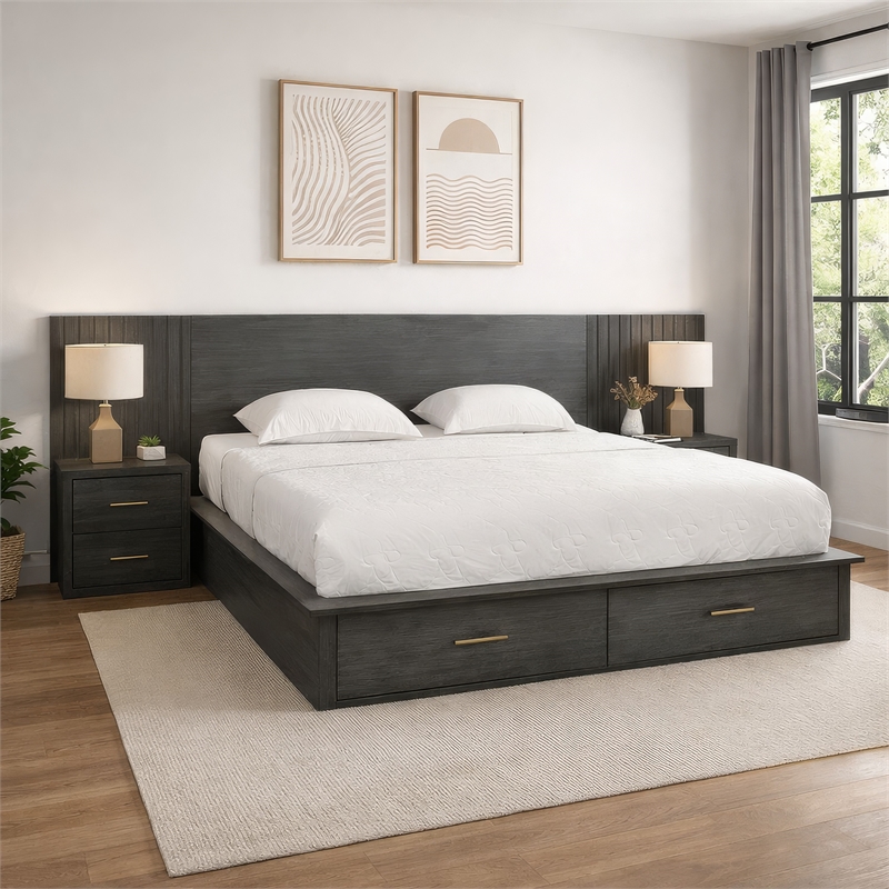 Benjara Cid Lime Queen Platform Bed- 2 Drawers- Wall Headboard- Dark Gray Finish