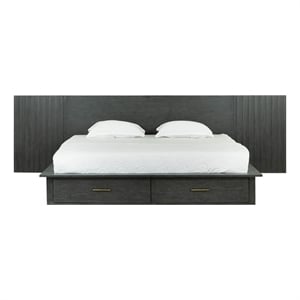 Benjara Cid Lime Queen Platform Bed- 2 Drawers- Wall Headboard- Dark Gray Finish