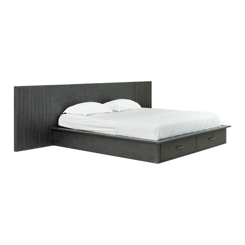 Benjara Cid Lime Queen Platform Bed- 2 Drawers- Wall Headboard- Dark Gray Finish