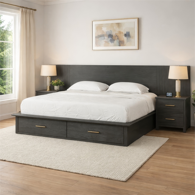 Benjara Cid Lime Queen Platform Bed- 2 Drawers- Wall Headboard- Dark Gray Finish