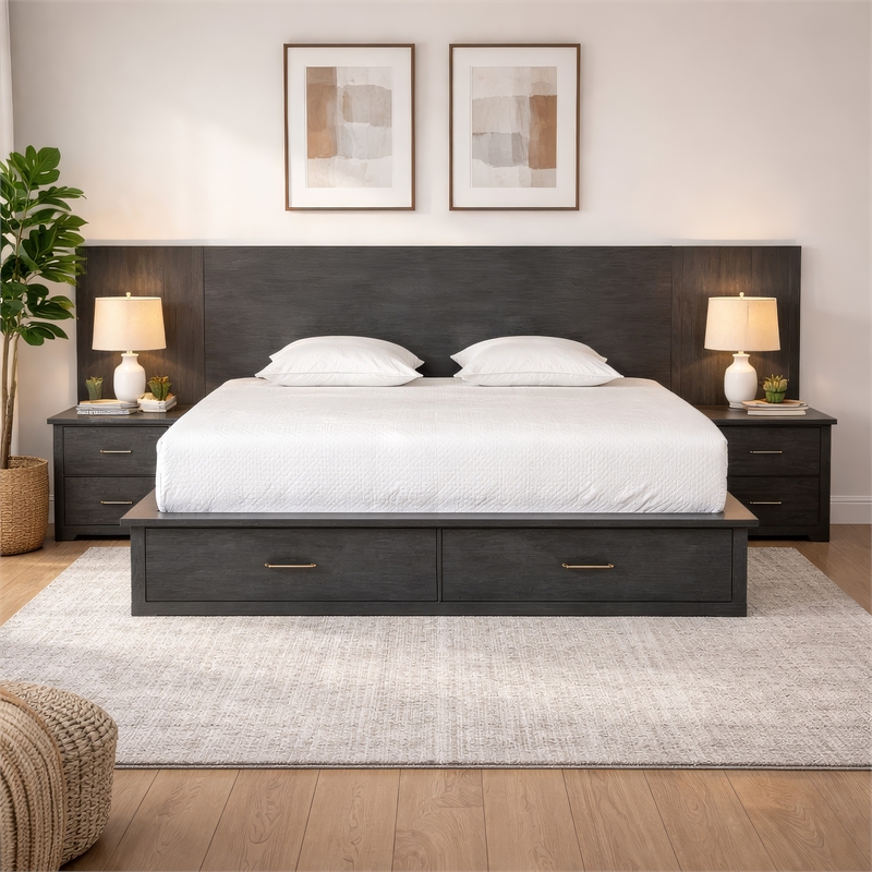 Benjara Cid Lime Queen Platform Bed- 2 Drawers- Wall Headboard- Dark Gray Finish