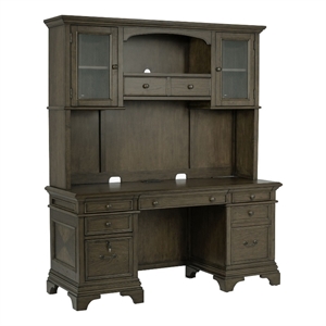 Benjara Tia 78&quot Credenza Desk & Hutch- Multiple Drawers- Rubberwood Oak Brown