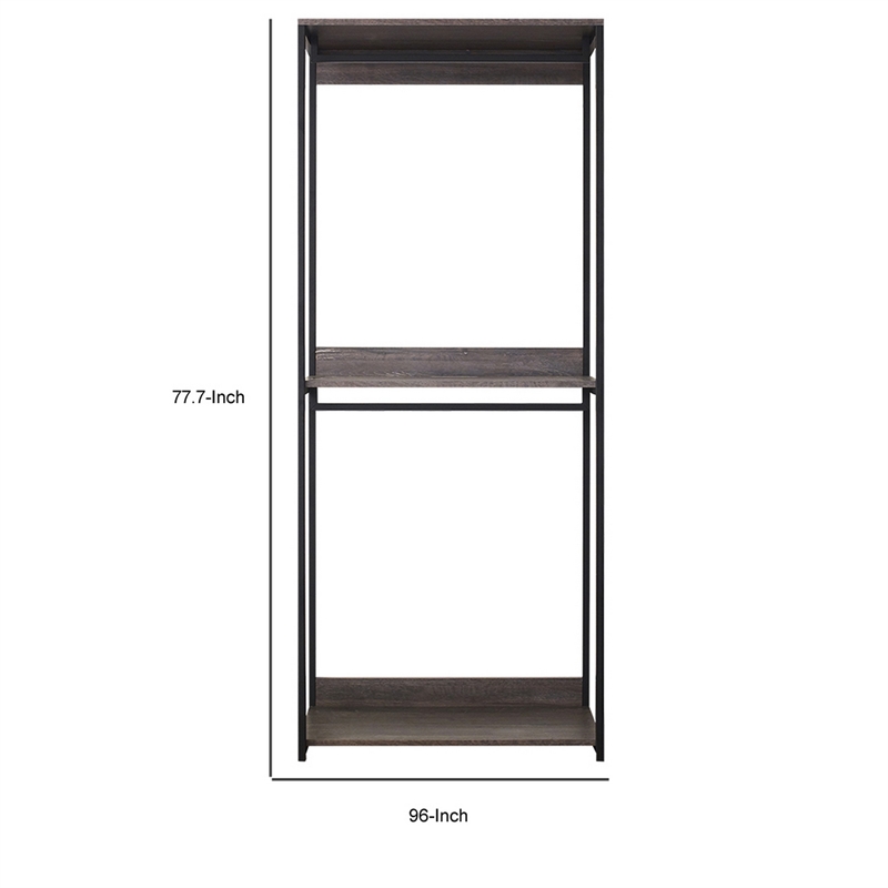 Benjara Gin Modular Closet System- 3 Rustic Gray Shelves- 2 Hanging Rods- Black