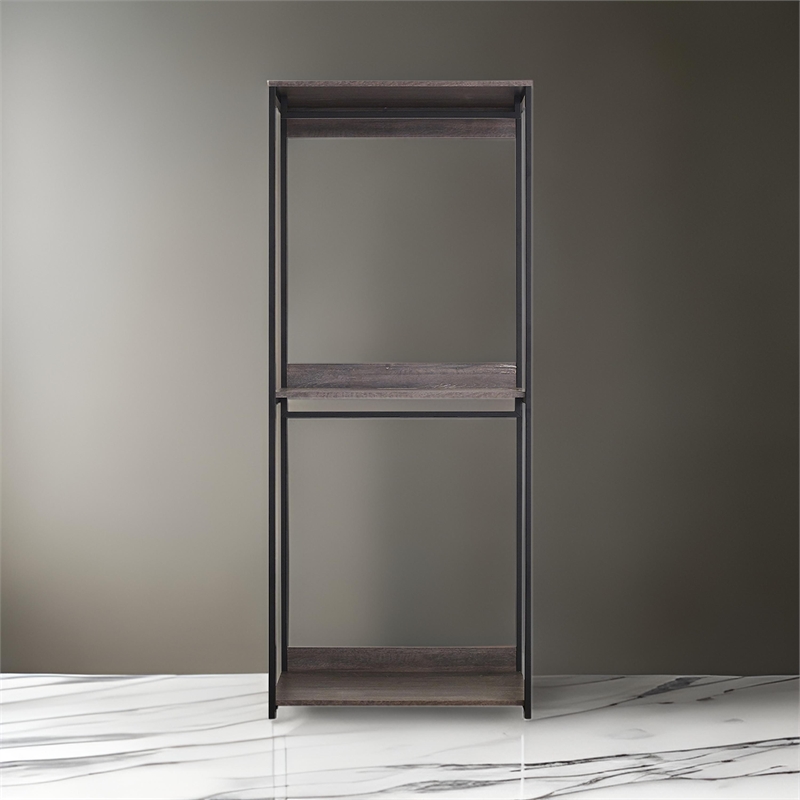 Benjara Gin Modular Closet System- 3 Rustic Gray Shelves- 2 Hanging Rods- Black