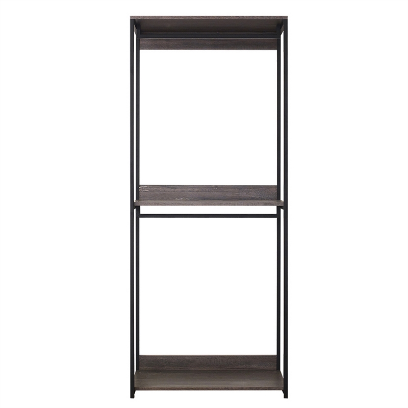 Benjara Gin Modular Closet System- 3 Rustic Gray Shelves- 2 Hanging Rods- Black