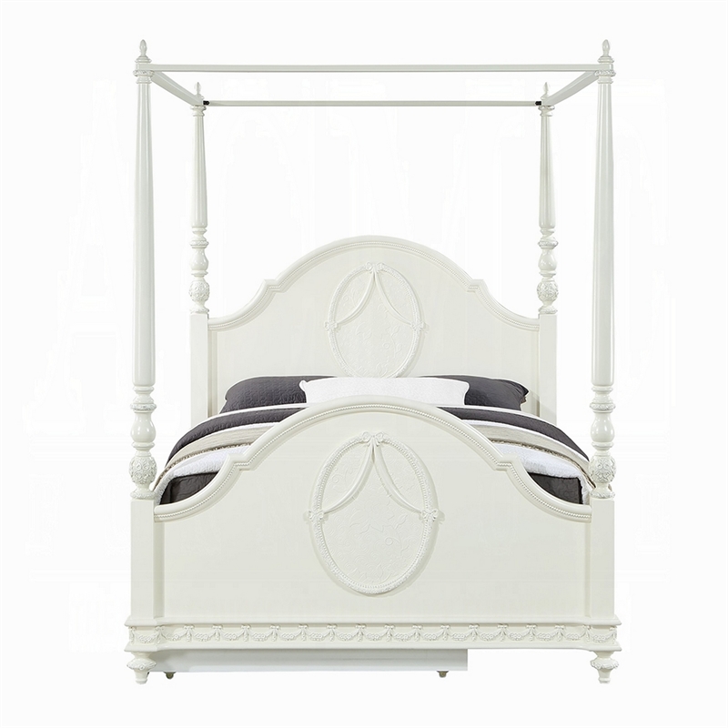 Benjara Dorie Full Size Poster Bed- Embossed Floral and Oval Molding- Ivory