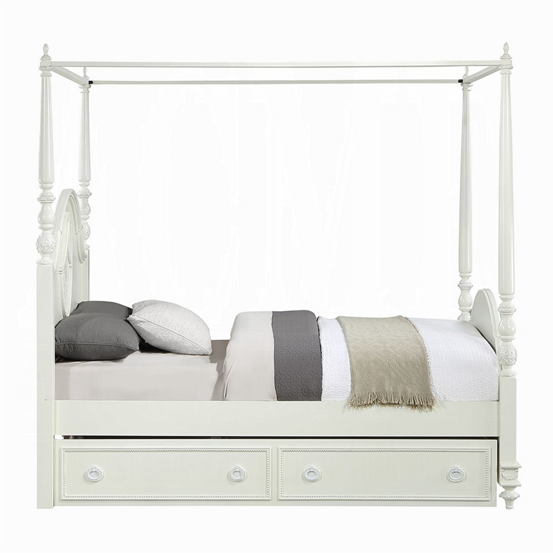 Benjara Dorie Full Size Poster Bed- Embossed Floral and Oval Molding- Ivory