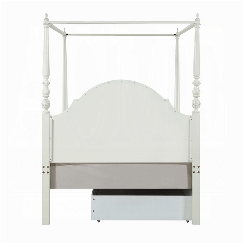 Benjara Dorie Full Size Poster Bed- Embossed Floral and Oval Molding- Ivory