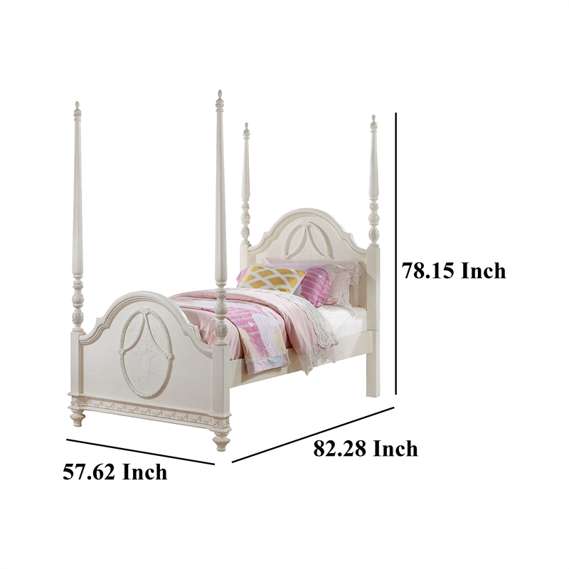 Benjara Dorie Full Size Poster Bed- Embossed Floral and Oval Molding- Ivory