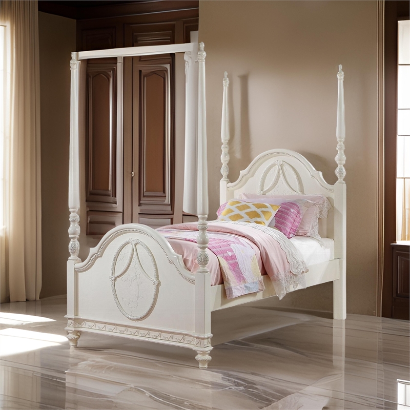 Benjara Dorie Full Size Poster Bed- Embossed Floral and Oval Molding- Ivory