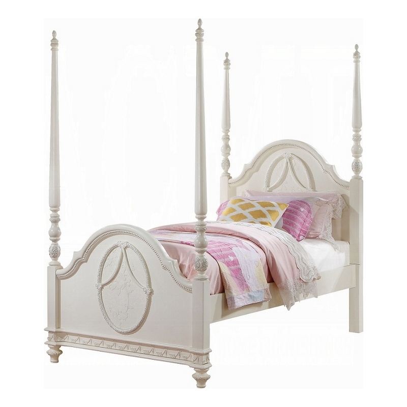 Benjara Dorie Full Size Poster Bed- Embossed Floral and Oval Molding- Ivory