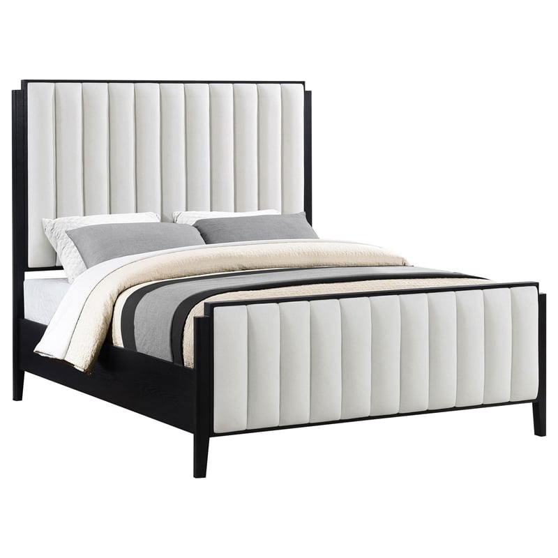 Benjara Jack King Size Bed- Channel Tufted Ivory Upholstery- Black Wood