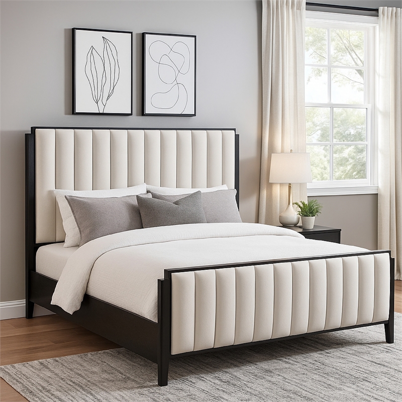 Benjara Jack King Size Bed- Channel Tufted Ivory Upholstery- Black Wood