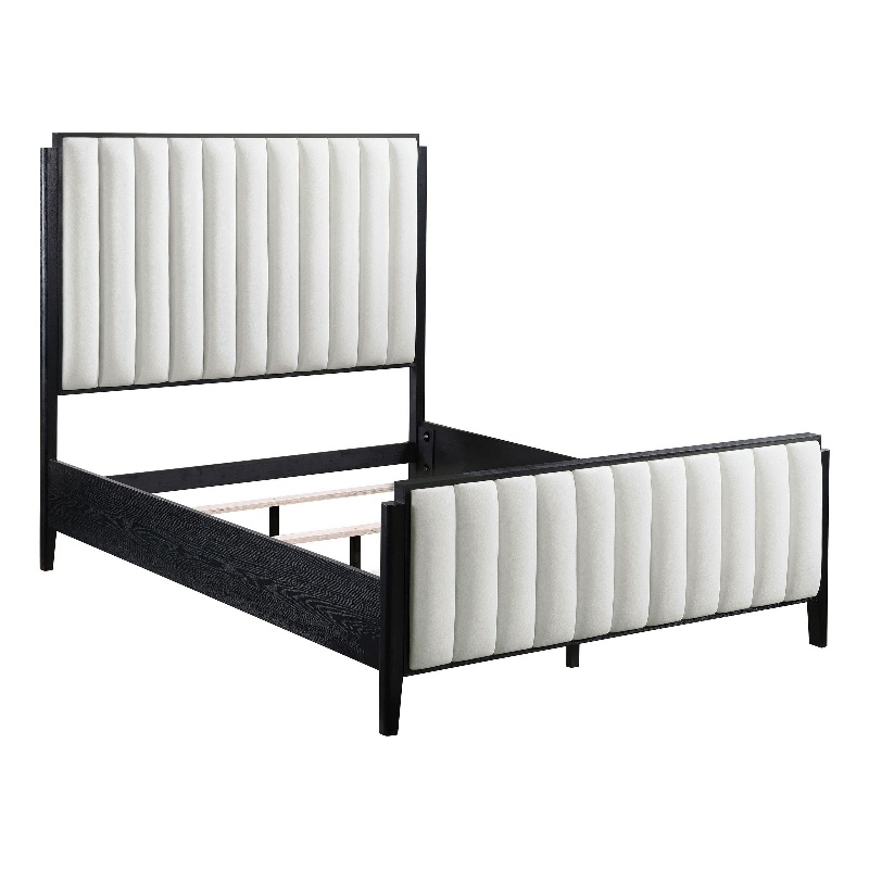 Benjara Jack King Size Bed- Channel Tufted Ivory Upholstery- Black Wood