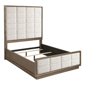 Benjara Lyni Queen Bed- Grid Tufted Headboard- Ivory Upholstery- Oak Brown