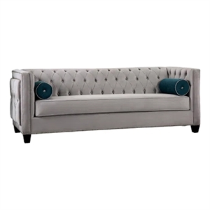 Benjara Silva Sofa Loveseat Set- 4 Lumbar Pillows- Gray Tufted Faux Velvet