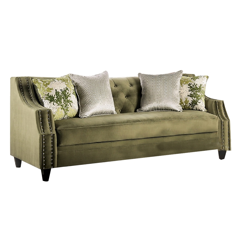 Benjara Syna Sofa and Loveseat Set- Bench Style Seat- Green Tufted Microfiber