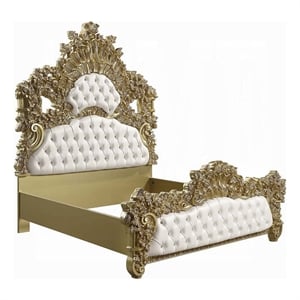 Benjara Rexx King Bed- White Faux Leather Victorian Carved- Classic Gold Wood