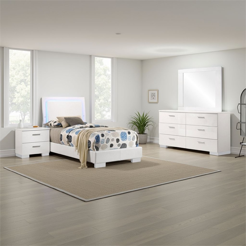 Benjara Sok 4pc Twin Size Bedroom Set- Modern White/LED Upholstered Headboard