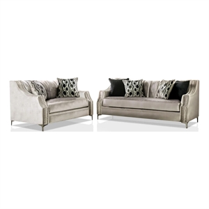 Benjara Enny Sofa and Loveseat Set- 6 Accent Pillows- Silver Black Chenille