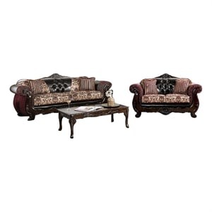 Benjara Quo 2pc Sofa Loveseat Set- Burgundy- Dark Brown Chenille- 4 Pillows