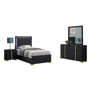 Benjara Dex 4 Piece Twin Bedroom Set- Black/Gold Accents- LED Headboard