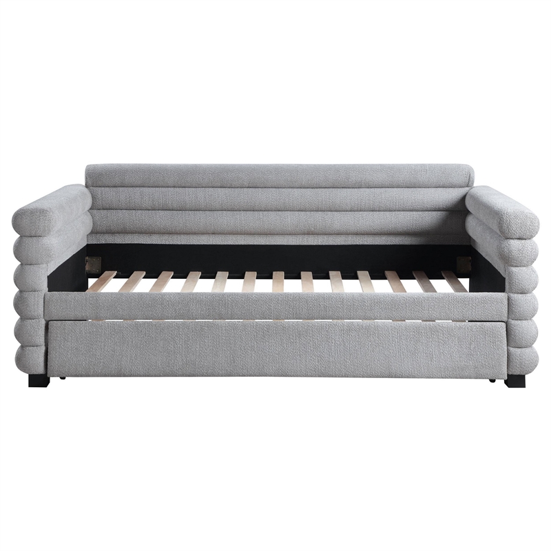 Benjara Ricia Twin Daybed with Twin Trundle- Layer Bolster Design- Gray Boucle