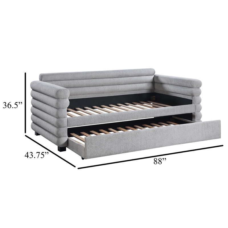 Benjara Ricia Twin Daybed with Twin Trundle- Layer Bolster Design- Gray Boucle