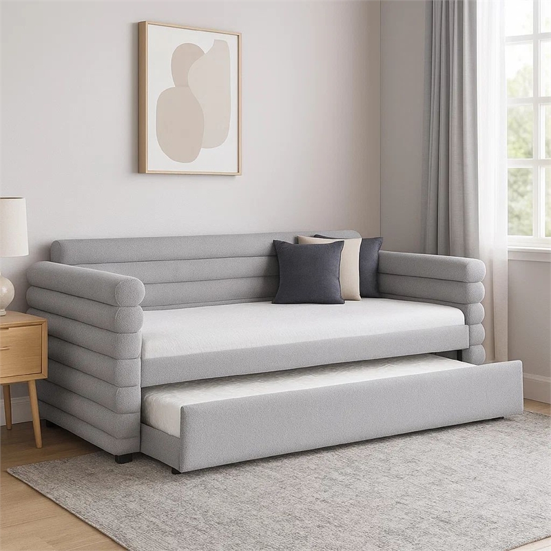 Benjara Ricia Twin Daybed with Twin Trundle- Layer Bolster Design- Gray Boucle