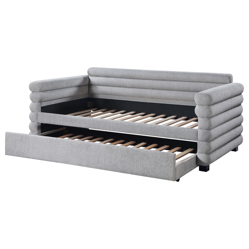Benjara Ricia Twin Daybed with Twin Trundle- Layer Bolster Design- Gray Boucle