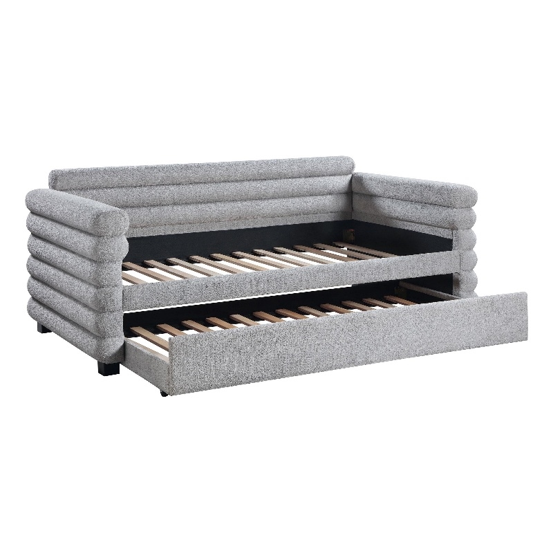 Benjara Ricia Twin Daybed with Twin Trundle- Layer Bolster Design- Gray Boucle