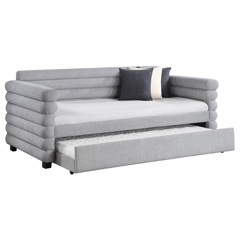 Benjara Ricia Twin Daybed with Twin Trundle- Layer Bolster Design- Gray Boucle