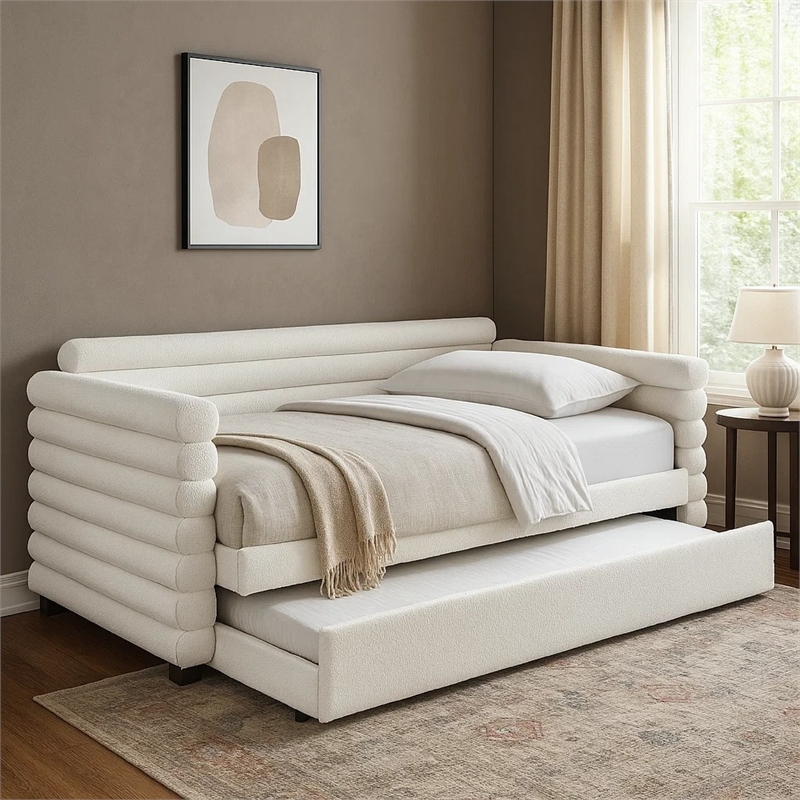 Benjara Ricia Twin Daybed with Trundle Layered Bolster Design in White Boucle