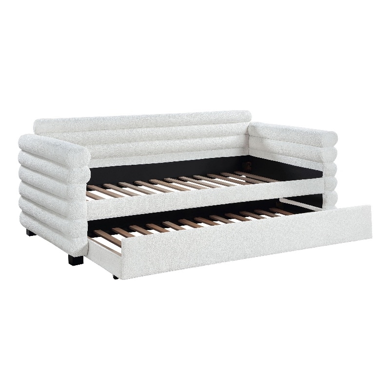 Benjara Ricia Twin Daybed with Trundle Layered Bolster Design in White Boucle