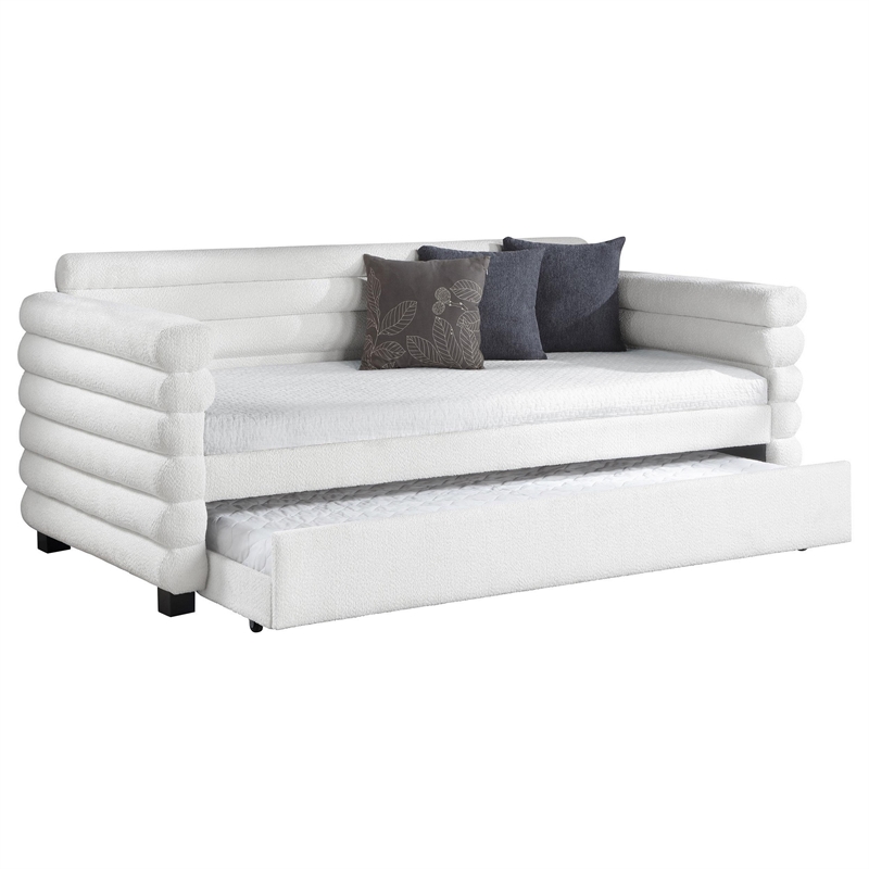 Benjara Ricia Twin Daybed with Trundle Layered Bolster Design in White Boucle