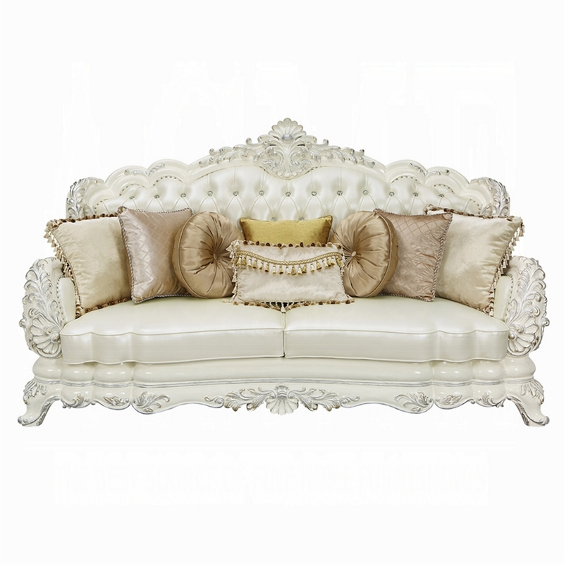 Benjara Rox Ornate Sofa- 7 Accent Pillows- Silver- Tufted White Faux Leather
