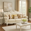 Benjara Rox Ornate Sofa- 7 Accent Pillows- Silver- Tufted White Faux Leather
