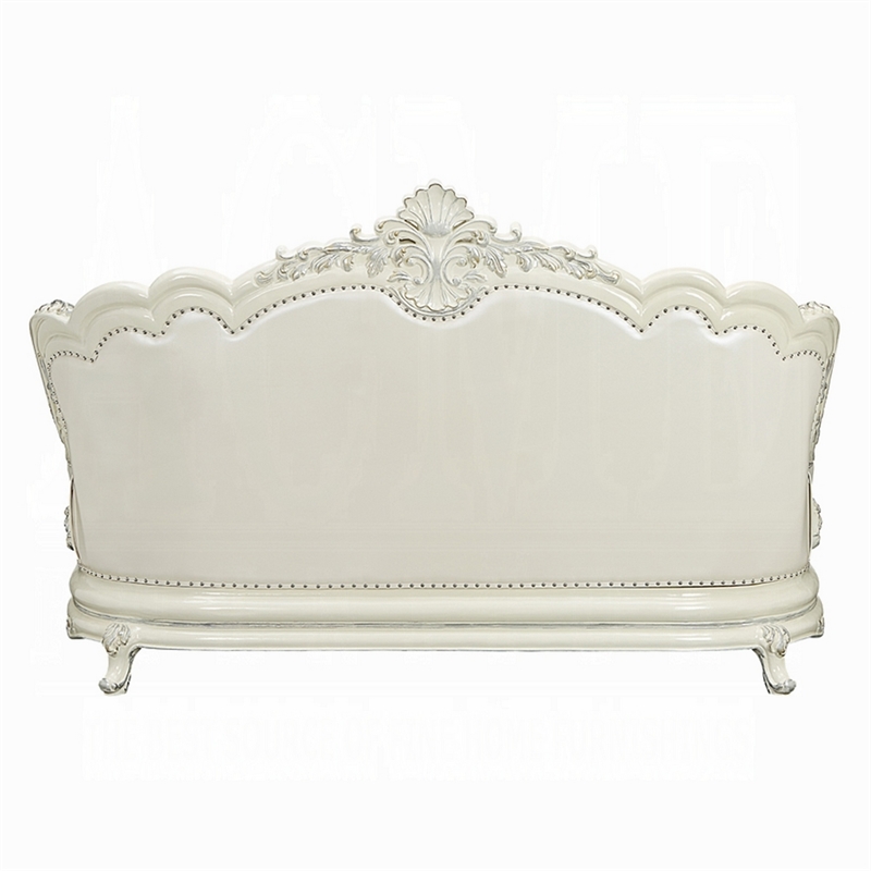 Benjara Rox Ornate Sofa- 7 Accent Pillows- Silver- Tufted White Faux Leather