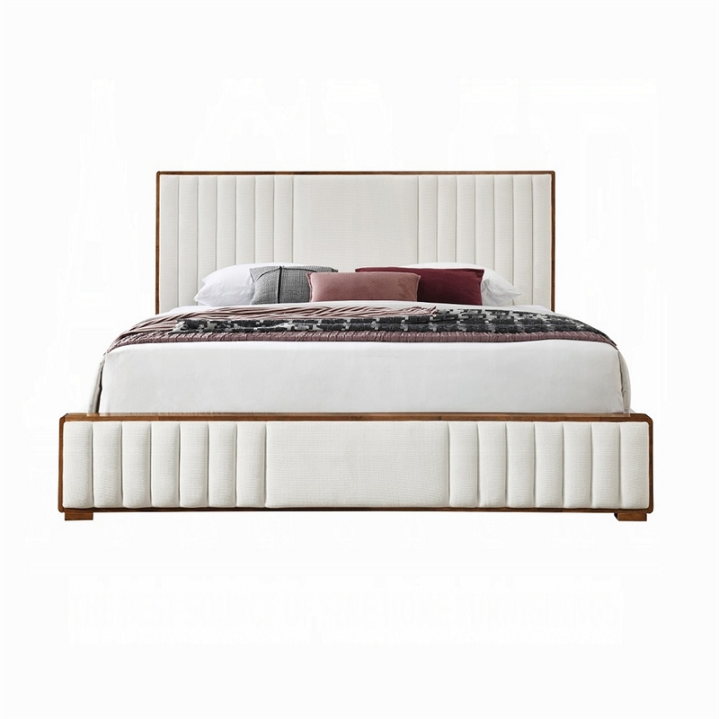 Benjara Lesa King Bed- Channel Tufted Beige Chenille Upholstery- Walnut Brown